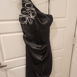 B Darlin One-Shoulder Black Dress with White Floral Details